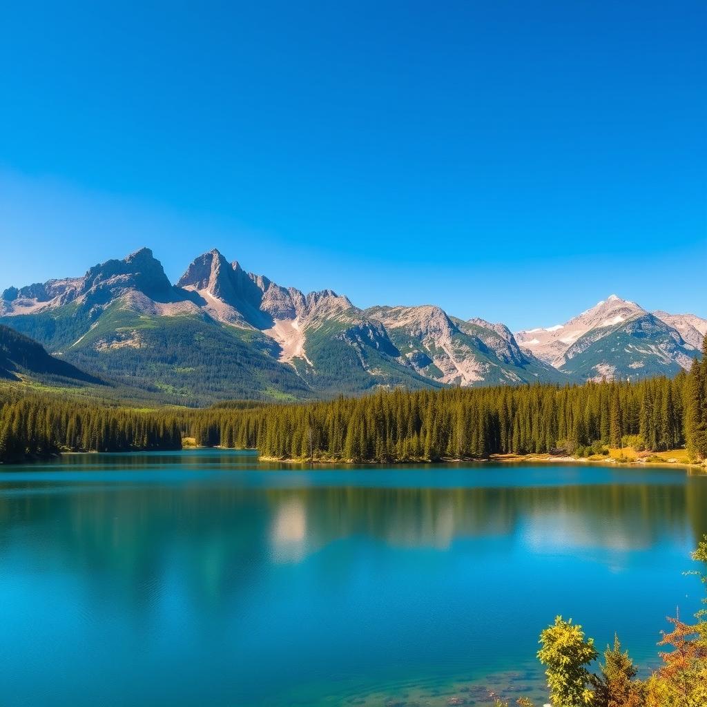 A beautiful landscape featuring a serene lake surrounded by lush green forests and majestic mountains in the background under a clear blue sky