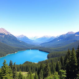 A beautiful landscape featuring a serene lake surrounded by lush green forests and majestic mountains in the background under a clear blue sky