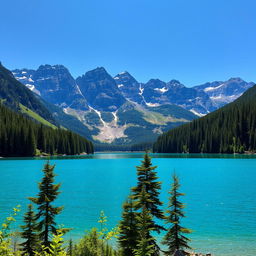 A beautiful landscape featuring a serene lake surrounded by lush green forests and majestic mountains in the background under a clear blue sky