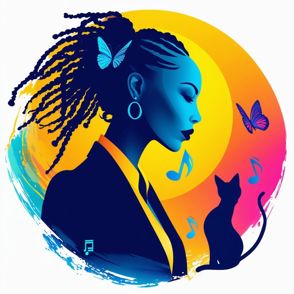 Elegant logo for 'Chyna Sun Publishing' featuring a silhouette of a woman in a business suit with short dreadlocks, music notes, butterflies, two cat silhouettes, and a book