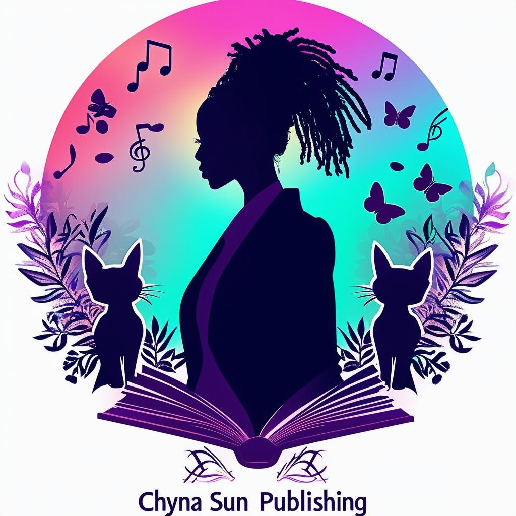 Elegant logo for 'Chyna Sun Publishing' featuring a silhouette of a woman in a business suit with short dreadlocks, music notes, butterflies, two cat silhouettes, and a book