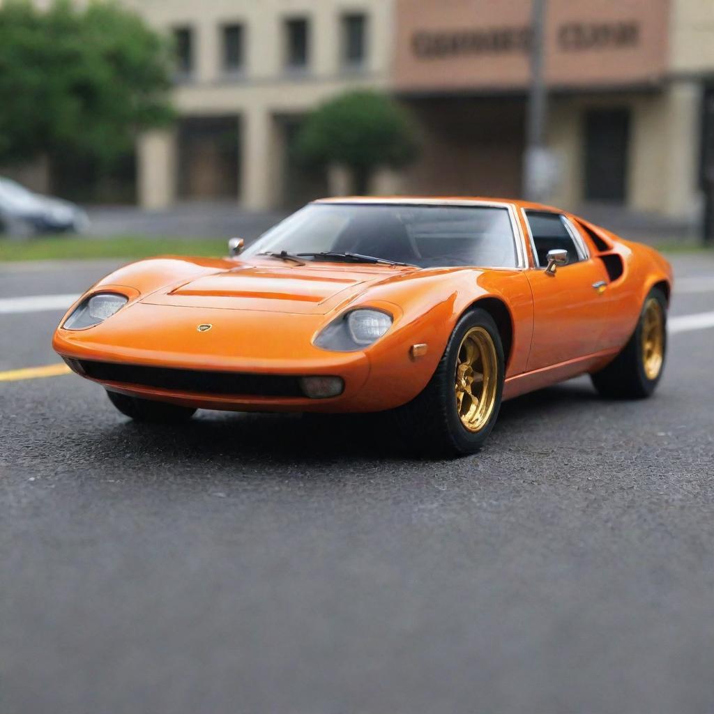 A Lamborghini Miura SV '71 Hot Wheels car involved in a dramatic, high-detail, miniature traffic accident