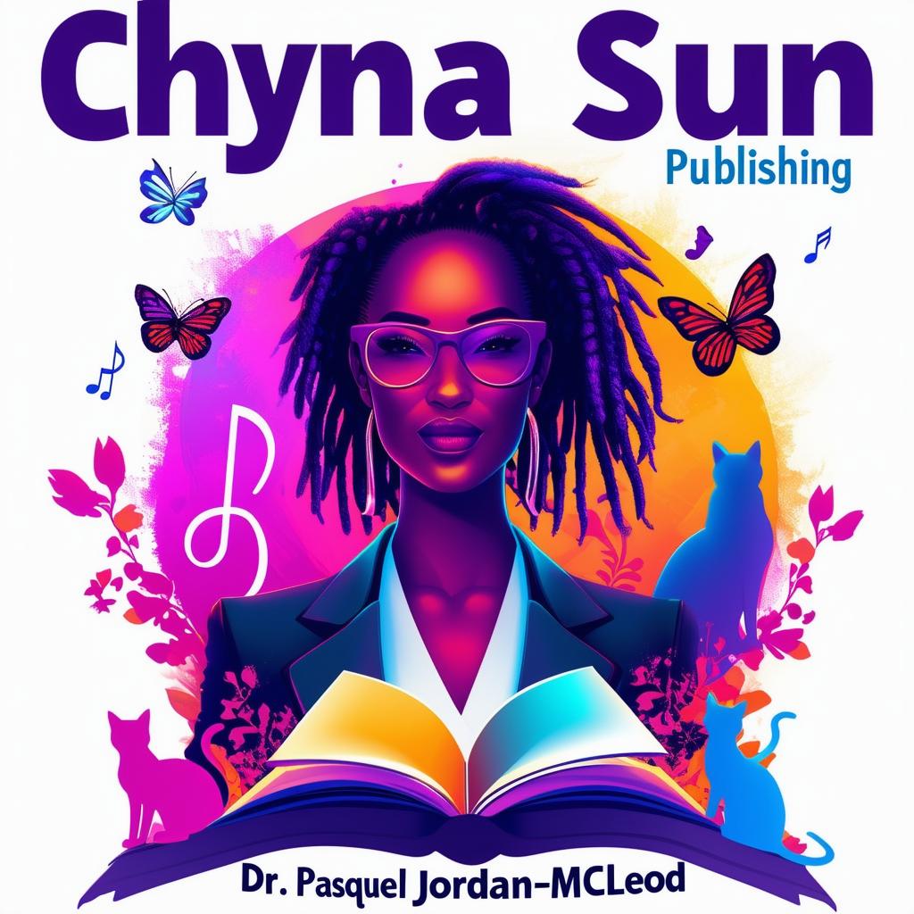 An elegant logo for Chyna Sun Publishing featuring a woman in a business suit with short dreadlocks, music notes, butterflies, two cat silhouettes, a book, and vibrant colors