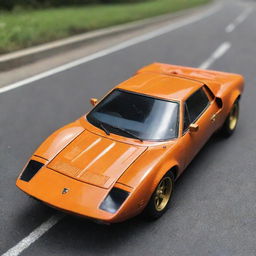 A Lamborghini Miura SV '71 Hot Wheels car involved in a dramatic, high-detail, miniature traffic accident