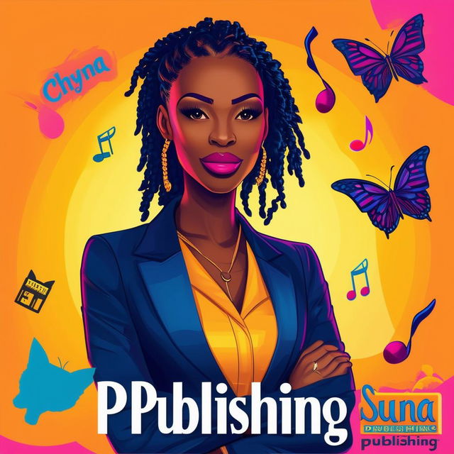 An elegant logo for Chyna Sun Publishing featuring a woman in a business suit with short dreadlocks, music notes, butterflies, two cat silhouettes, a book, and vibrant colors