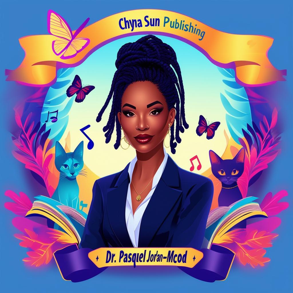 An elegant logo for Chyna Sun Publishing featuring a woman in a business suit with short dreadlocks, music notes, butterflies, two cat silhouettes, a book, and vibrant colors