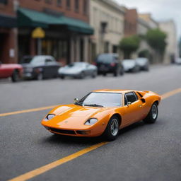 A Lamborghini Miura SV '71 Hot Wheels car involved in a dramatic, high-detail, miniature traffic accident