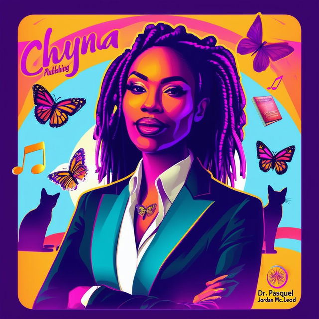 An elegant and vibrant logo for Chyna Sun Publishing featuring a woman in a business suit with short dreadlocks, music notes, butterflies, two cat silhouettes, a book, and vibrant colors