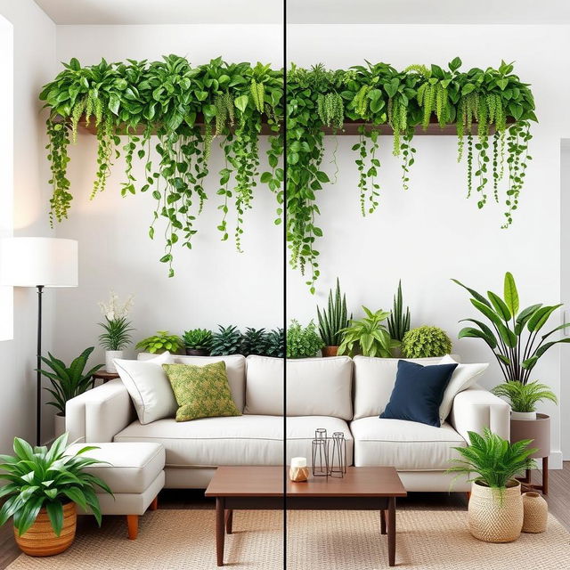 Modify the fourth image by adding a vertical garden starting just above the sofas