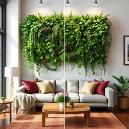 Modify the fourth image by adding a vertical garden starting just above the sofas