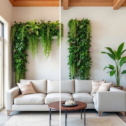 Modify the fourth image by adding a vertical garden starting just above the sofas