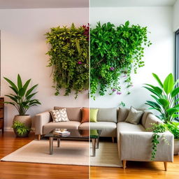 Modify the fourth image by adding a vertical garden starting just above the sofas