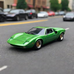 A Lamborghini Miura SV '71 Hot Wheels car involved in a dramatic, high-detail, miniature traffic accident