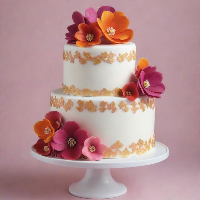 A stunning three-tier cake, adorned with vibrant edible flowers and delicate icing patterns, topped with glossy fondant. Each layer represents a different flavor, creating a harmonious blend of tastes.