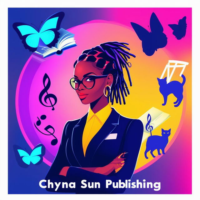 An elegant and vibrant logo for Chyna Sun Publishing featuring a woman in a business suit with short dreadlocks, music notes, butterflies, two cat silhouettes, a book, and vibrant colors