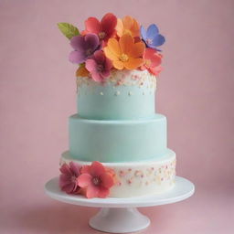 A stunning three-tier cake, adorned with vibrant edible flowers and delicate icing patterns, topped with glossy fondant. Each layer represents a different flavor, creating a harmonious blend of tastes.