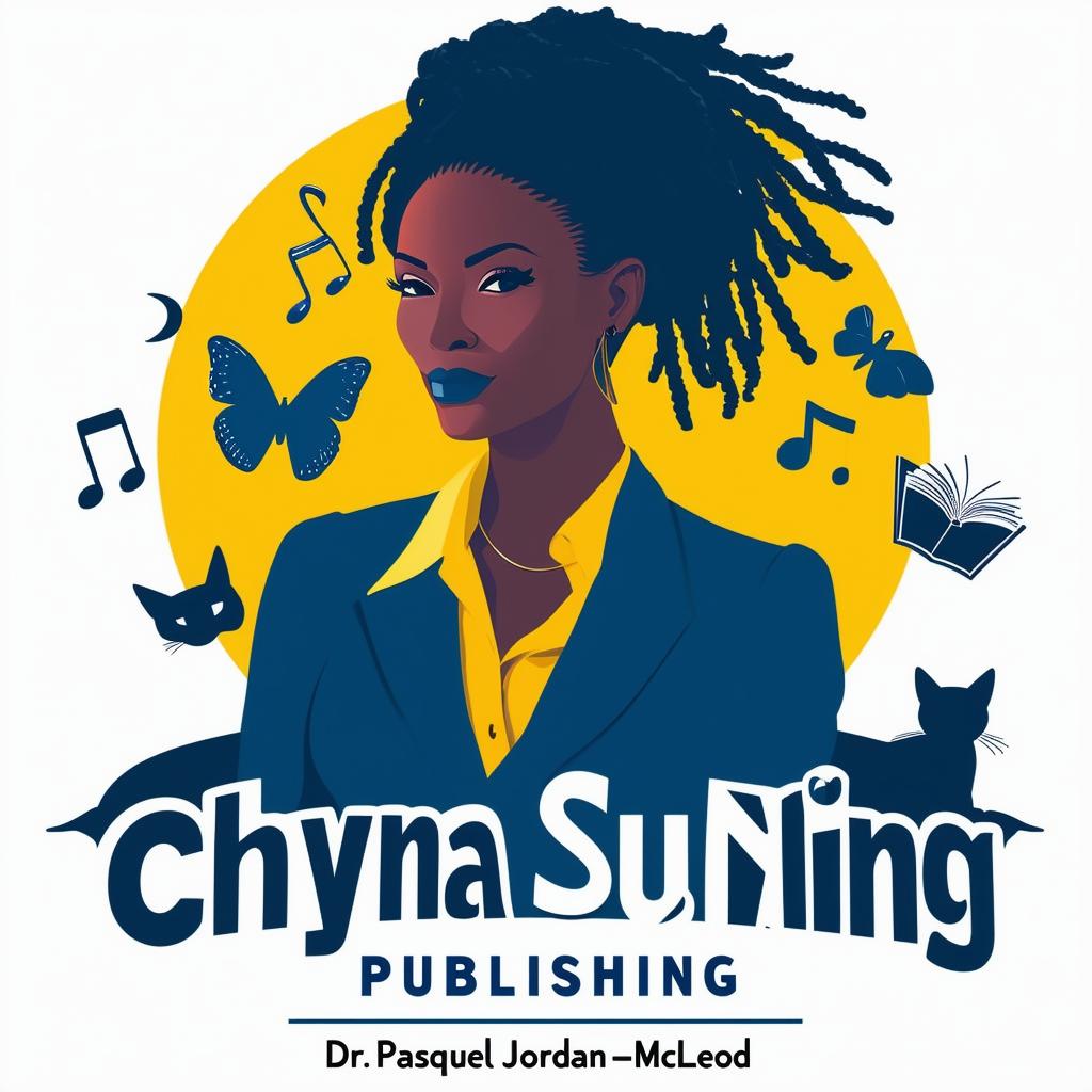 An elegant and vibrant logo for Chyna Sun Publishing featuring a woman in a business suit with short dreadlocks, music notes, butterflies, two cat silhouettes, and a book