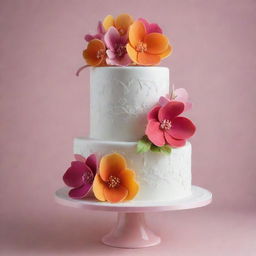 A stunning three-tier cake, adorned with vibrant edible flowers and delicate icing patterns, topped with glossy fondant. Each layer represents a different flavor, creating a harmonious blend of tastes.