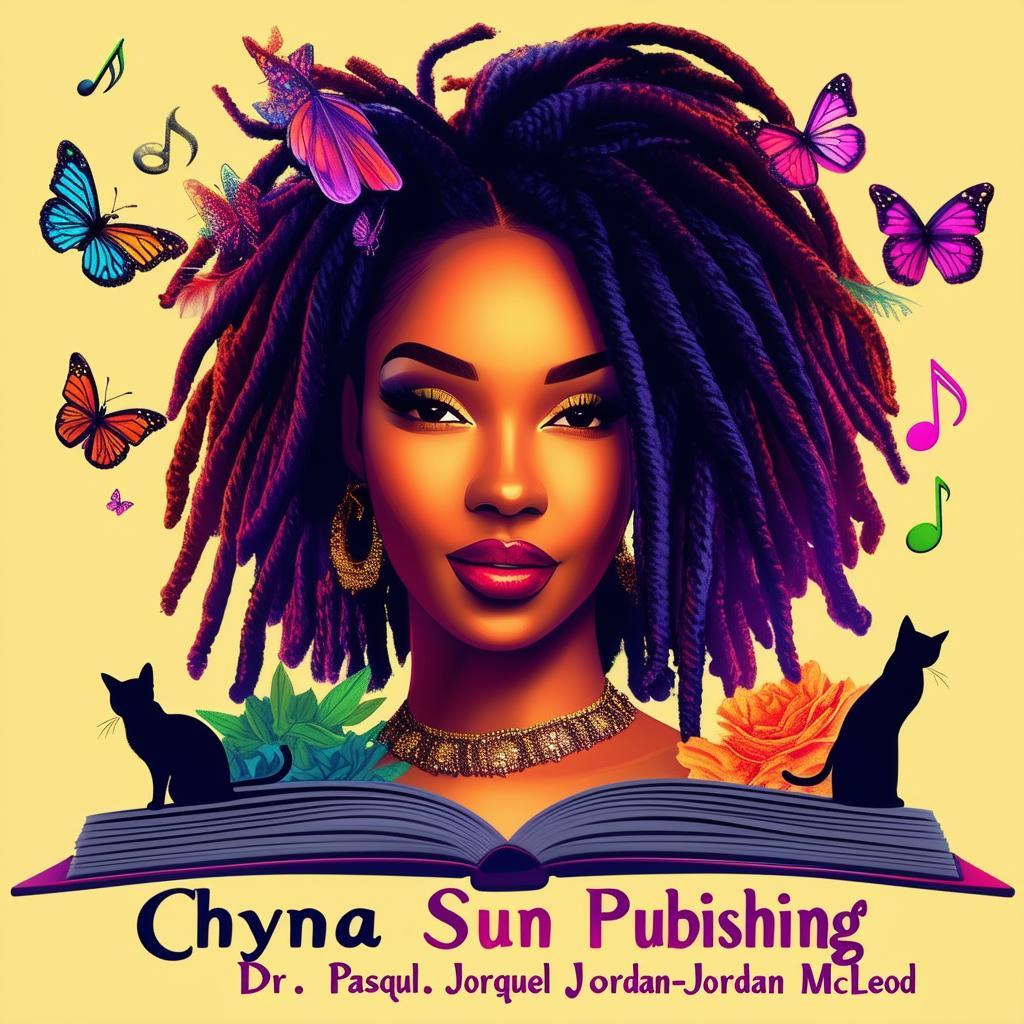 An elegant and vibrant logo for Chyna Sun Publishing featuring a woman with short dreadlocks, music notes, butterflies, two cat silhouettes, a book, and vibrant colors