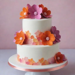 A stunning three-tier cake, adorned with vibrant edible flowers and delicate icing patterns, topped with glossy fondant. Each layer represents a different flavor, creating a harmonious blend of tastes.