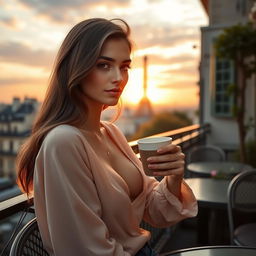 Generate an image of a brunette girl with freckles, sitting on a terrace somewhere in Paris with a view of the sunset in the background