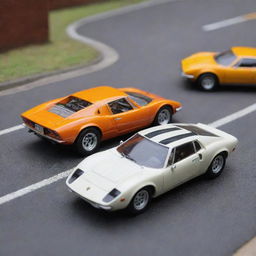 A detailed replication of a Lamborghini Miura SV '71 from Hot Wheels, depicting a riveting miniature traffic accident scene