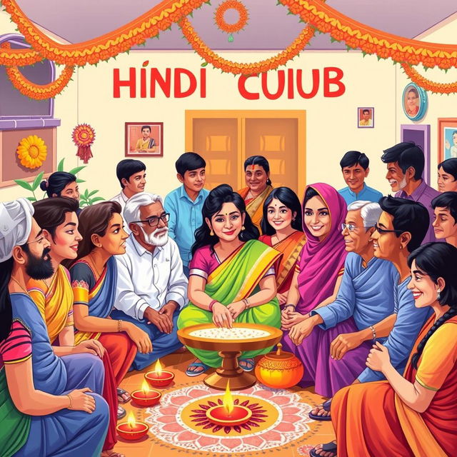 A vibrant and colorful illustration of a Hindi club gathering