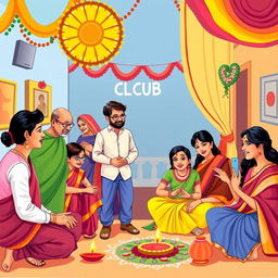 A vibrant and colorful illustration of a Hindi club gathering