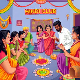 A vibrant and colorful illustration of a Hindi club gathering