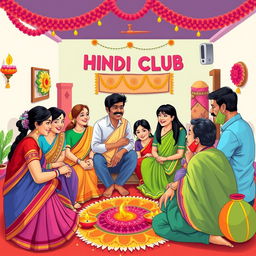 A vibrant and colorful illustration of a Hindi club gathering