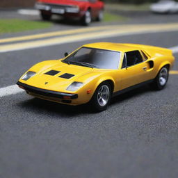 A detailed replication of a Lamborghini Miura SV '71 from Hot Wheels, depicting a riveting miniature traffic accident scene