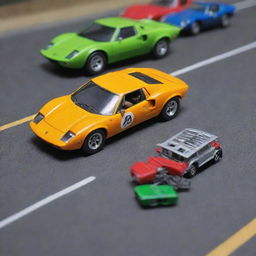 A detailed replication of a Lamborghini Miura SV '71 from Hot Wheels, depicting a riveting miniature traffic accident scene