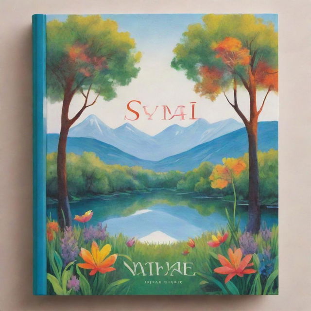 A captivating book cover depicting vibrant nature scenery, with 'Symael' written artistically in large letters at the center, striking a harmonious balance with the surroundings.