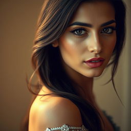 A half-body portrait of a Middle Eastern woman with a sensual sight, capturing her beauty and elegance