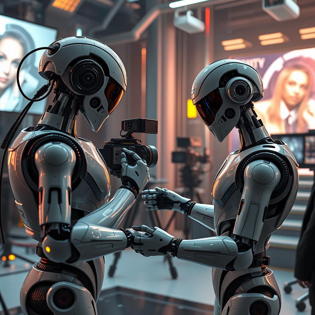 A futuristic scene depicting AI robots working in the movie industry