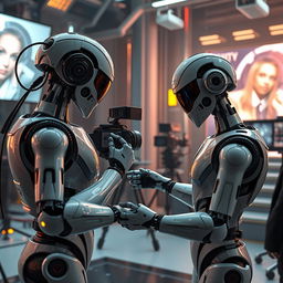 A futuristic scene depicting AI robots working in the movie industry