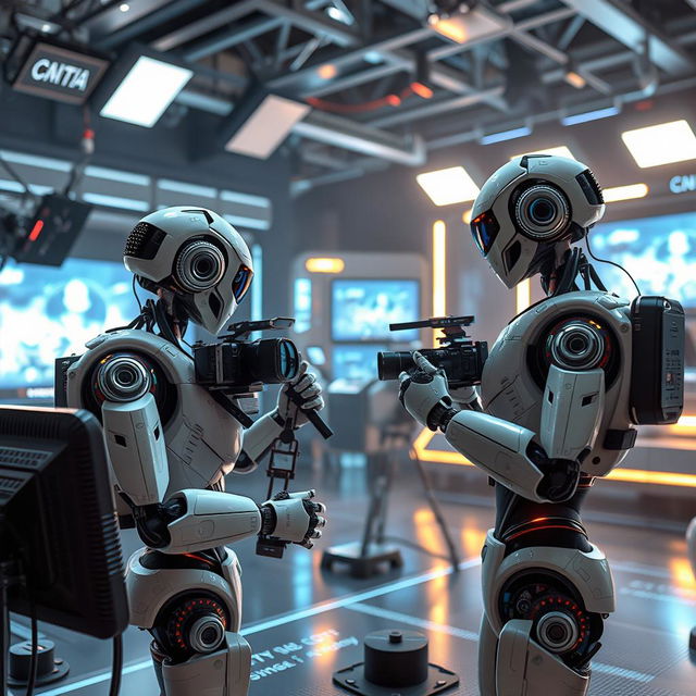 A futuristic scene depicting AI robots working in the movie industry