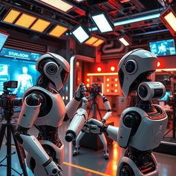 A futuristic scene depicting AI robots working in the movie industry