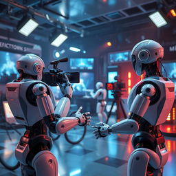 A futuristic scene depicting AI robots working in the movie industry