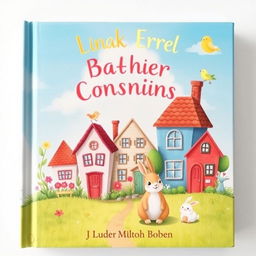 A book cover featuring charming houses, a cute rabbit, a small bird, and a bright blue sky