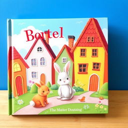 A book cover featuring charming houses, a cute rabbit, a small bird, and a bright blue sky