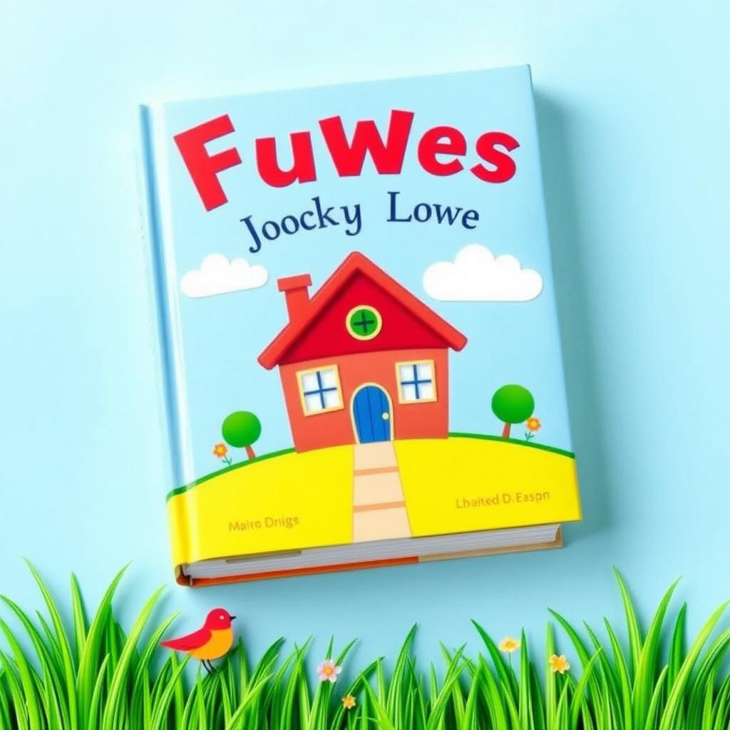 Create a colorful book cover featuring a house, a blue sky, green grass, and a small bird