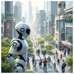 A futuristic scene where AI robots are peacefully coexisting with humans in a technologically advanced city, symbolizing harmony and collaboration between AI and humanity