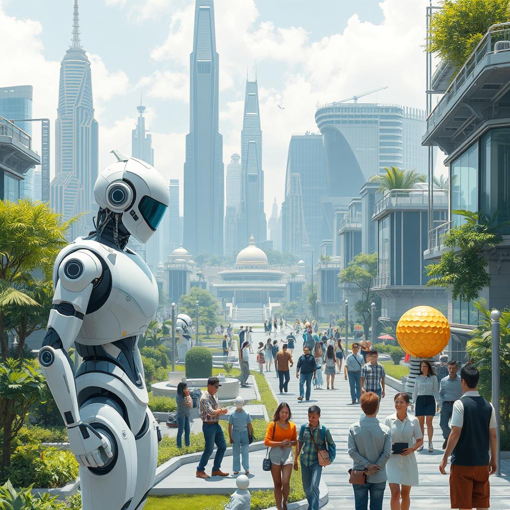 A futuristic scene where AI robots are peacefully coexisting with humans in a technologically advanced city, symbolizing harmony and collaboration between AI and humanity