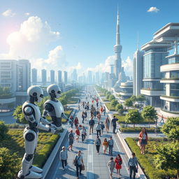 A futuristic scene where AI robots are peacefully coexisting with humans in a technologically advanced city, symbolizing harmony and collaboration between AI and humanity