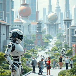 A futuristic scene where AI robots are peacefully coexisting with humans in a technologically advanced city, symbolizing harmony and collaboration between AI and humanity