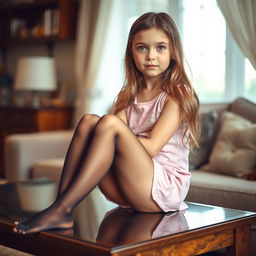 A young girl wearing pantyhose is sitting on a table