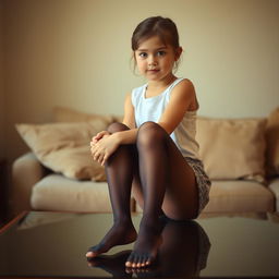 A young girl wearing pantyhose is sitting on a table