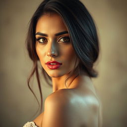 A half-body portrait of a Middle Eastern woman with a sensual sight, capturing her beauty and elegance