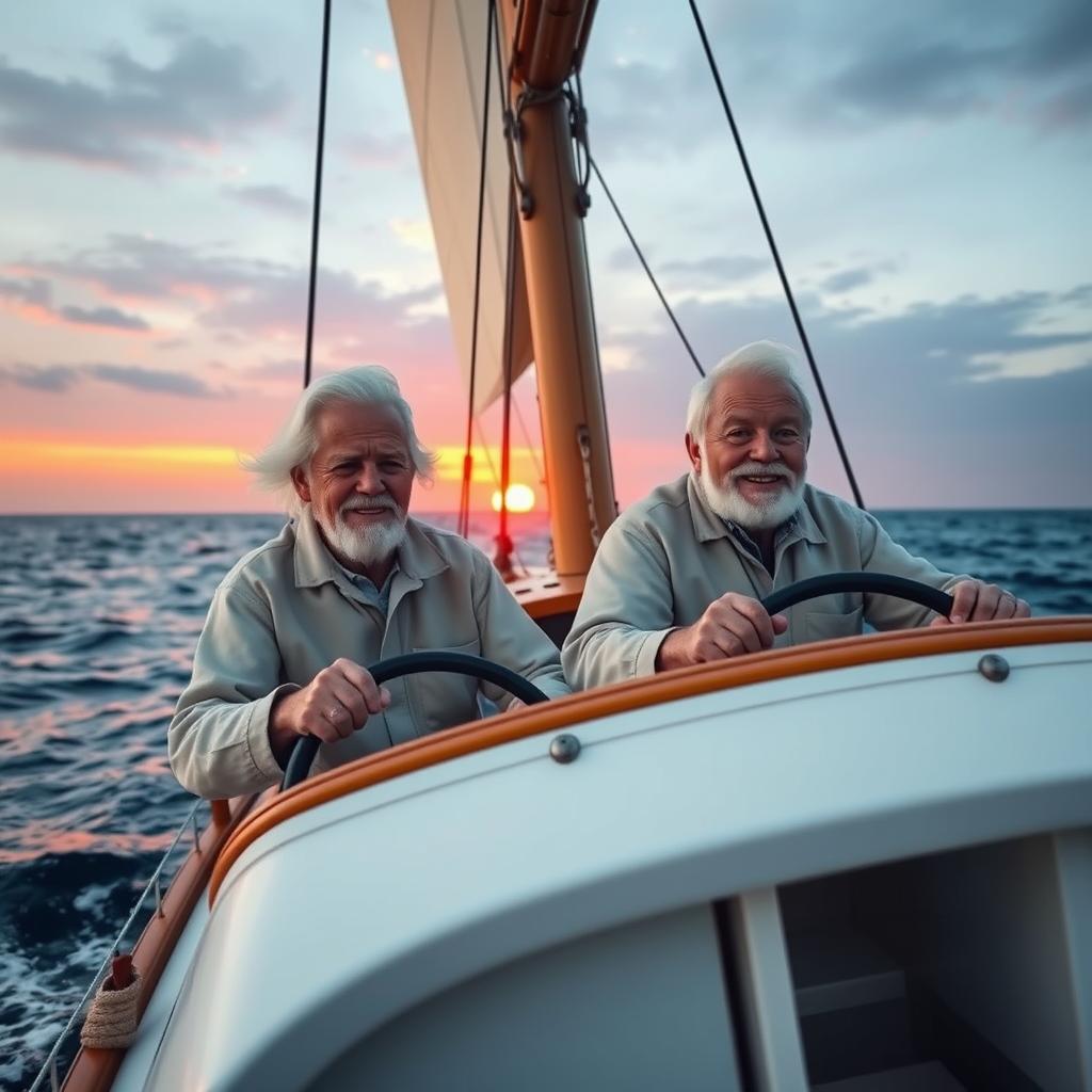 Two old men with white hair sailing in a boat called Stan ‘o’ War 2 in the deep vast ocean peacefully